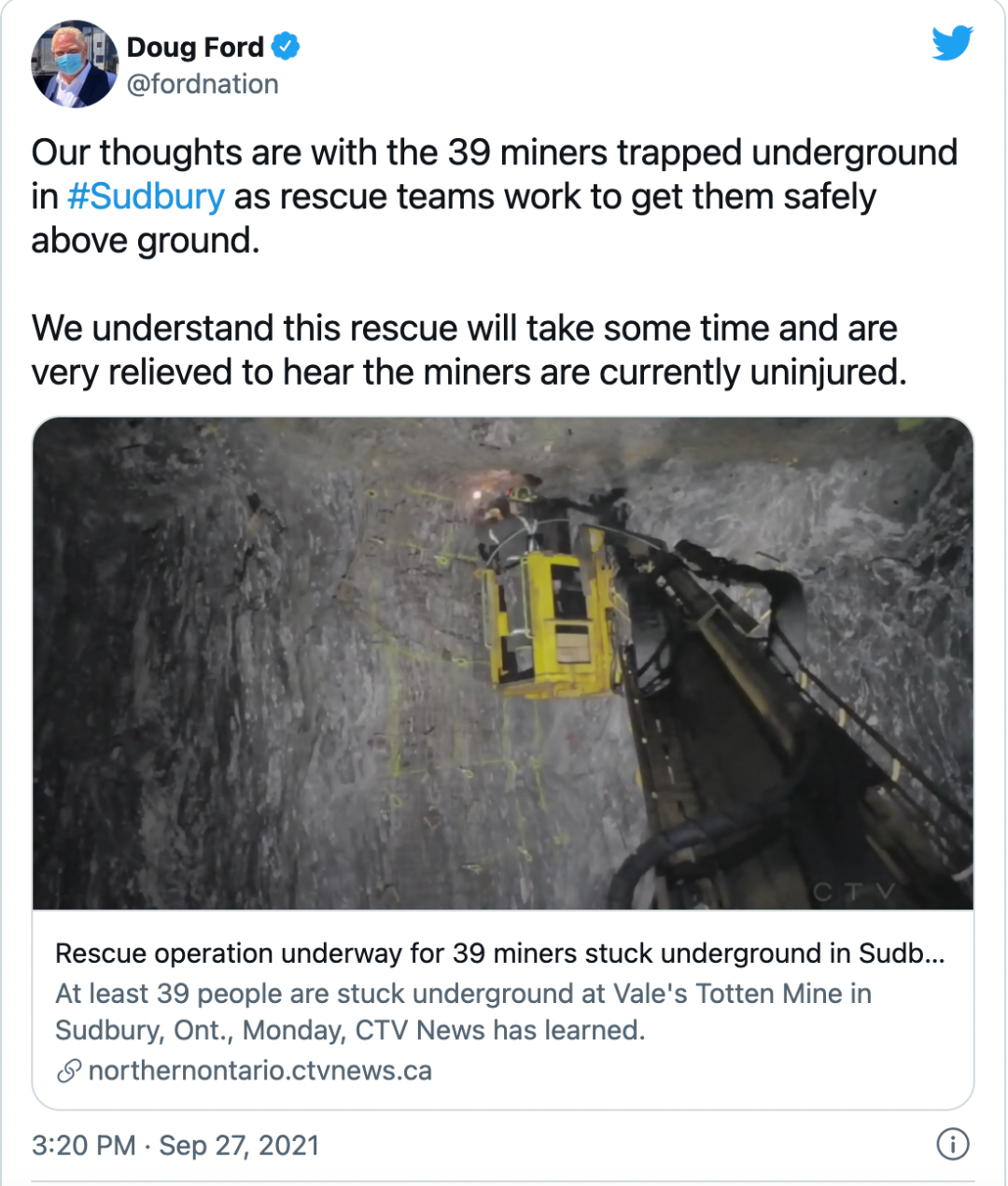 緊急！安省突發礦井事故 39人困在井下超過24小時！福特: 全力營救！
